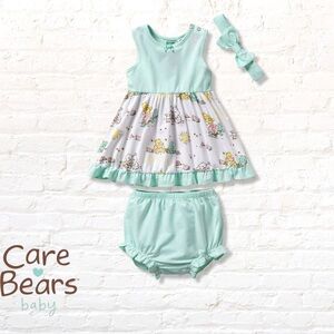 Care Bears Baby Dress, Bloomers, Headband Set Aqua White Size 0-3 / 3-6 months